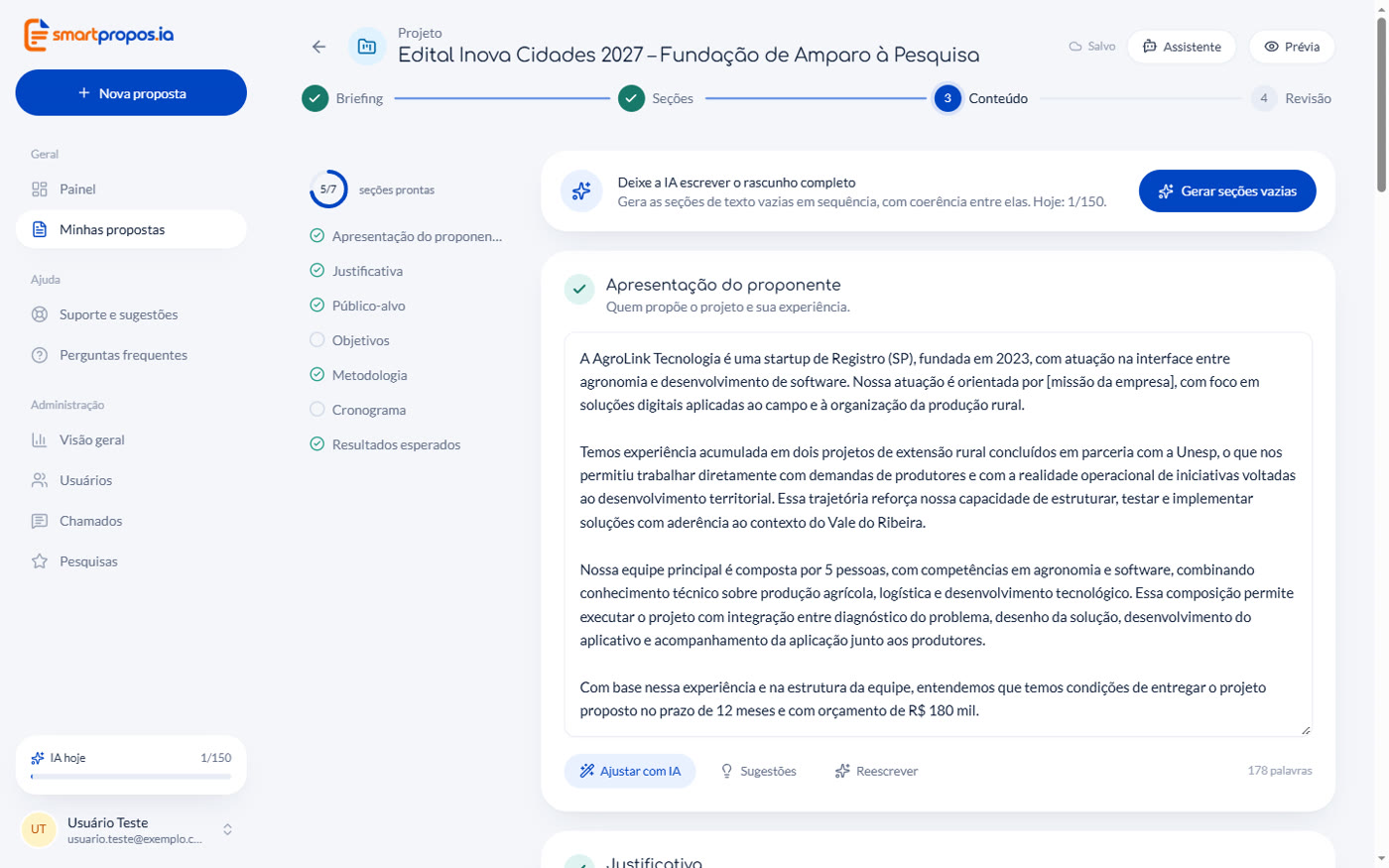 Editor do Smartpropos.ia com as seções de um projeto escritas pela IA