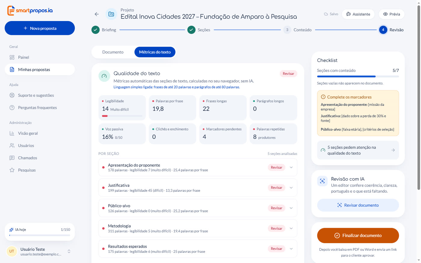 Painel de métricas de qualidade do texto